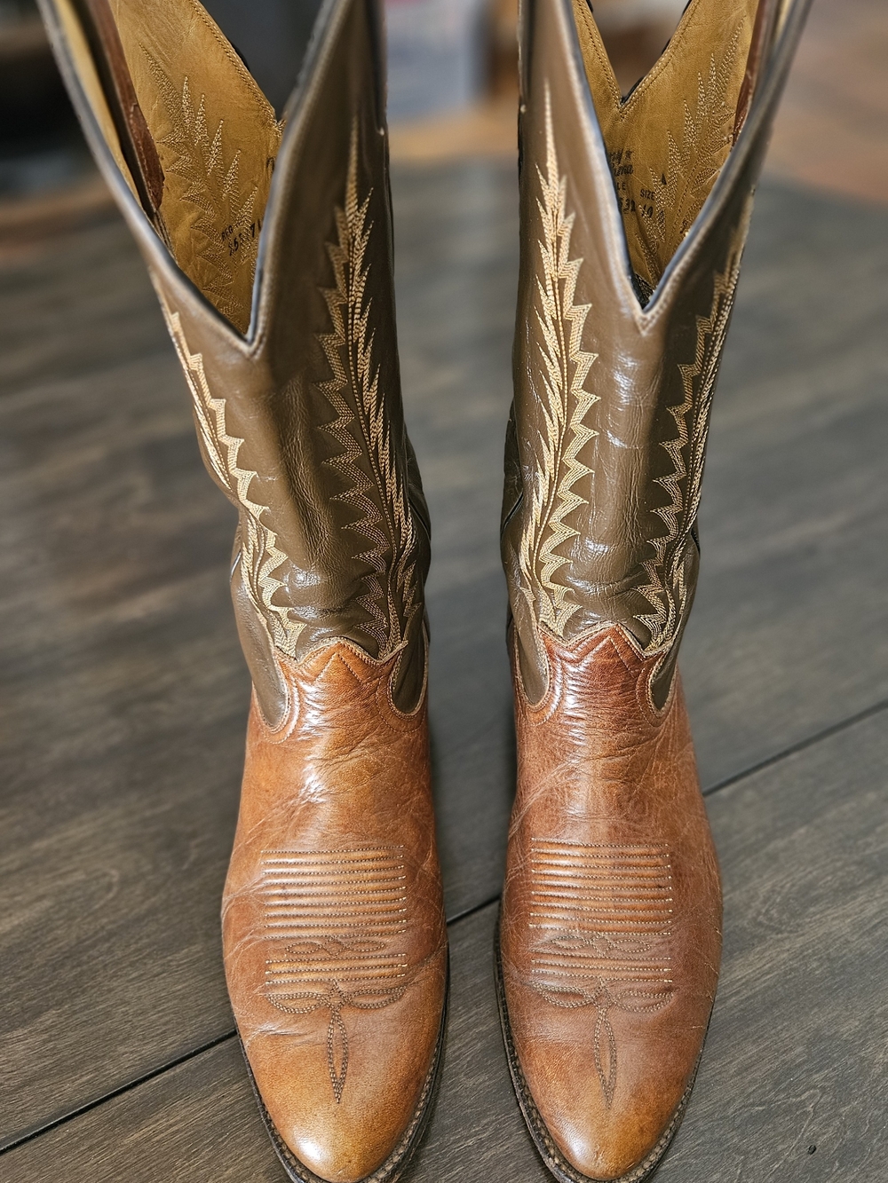 Tony Lama Two-Tone Brown and Olive Leather Western Boots